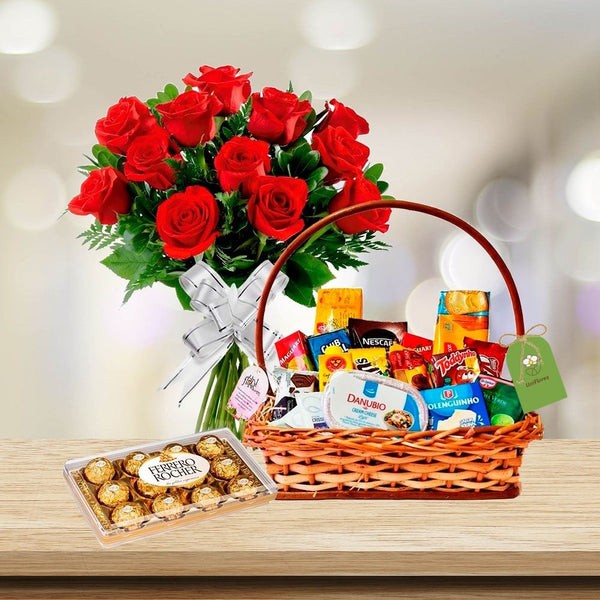 Combo Surpresa Completa — buquê de rosas vermelhas, cesta de café da manhã e Ferrero Rocher